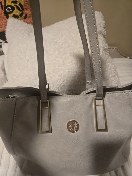 Gray Women's Tote Handbag with Gold Accent