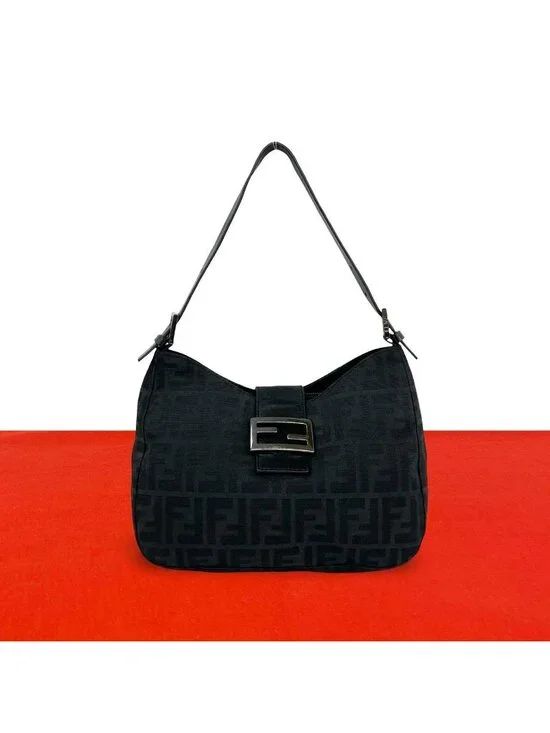 Fendi Vintage Zucca FF Pattern Canvas Leather Shoulder Bag Black