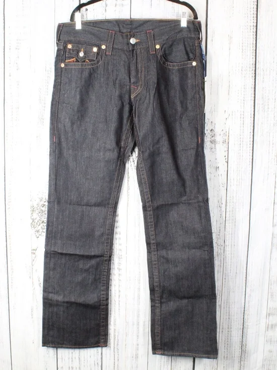NWT True Religion Straight Leg Flap Jeans Sunset Logo Orange Red Stitch Size 33