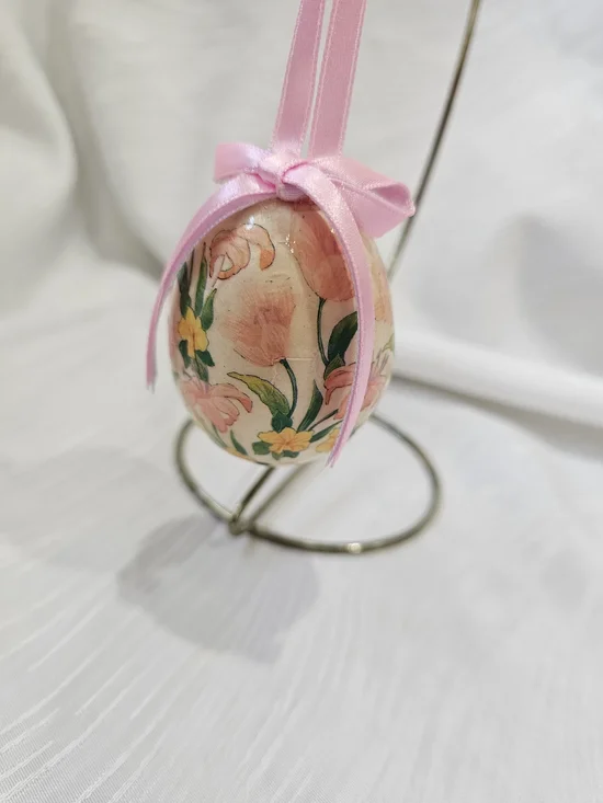 Vintage Paper Mache Pink Floral Hanging Egg Ornament