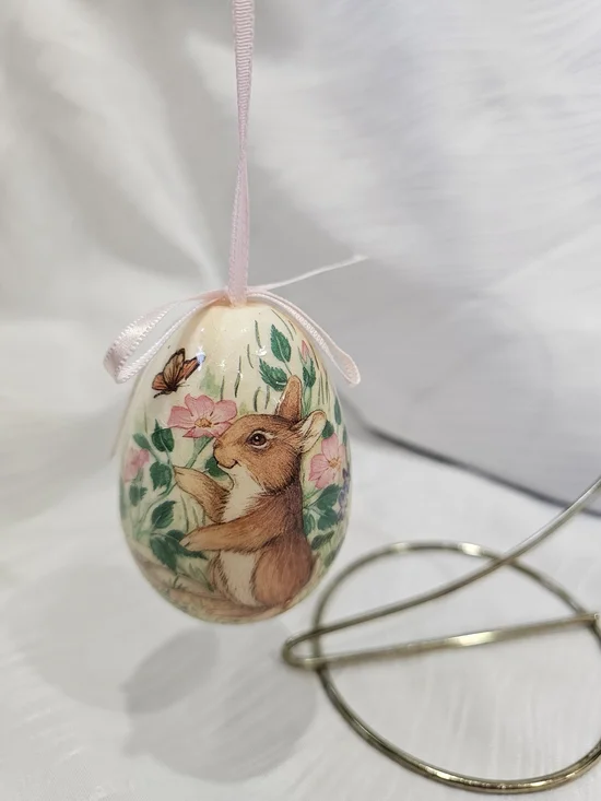 Vintage Paper Mache Bunny Floral Easter Hanging Egg Ornament - Pink Ribbon