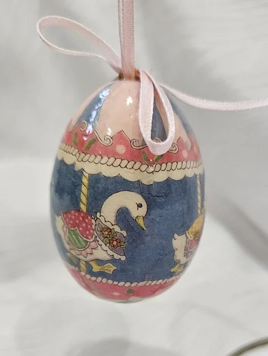 Vintage Paper Mache Swan Carousel Hanging Egg Ornament - Pink and Blue