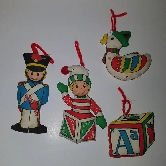 VTG Fabric Christmas Ornament Lot Soldier Jack in Box Block Duck Handmade AS IS