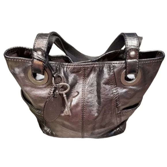 𝅺Fossil Hathaway metallic gunmetal‎ leather key logo shoulder bag purse handbag