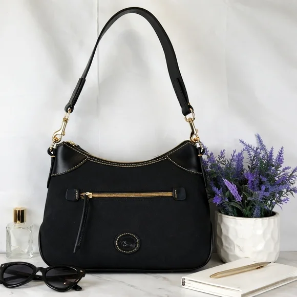 Dooney‎ & Bourke Hobo Black Nylon Shoulder Small Bag with Gold Details