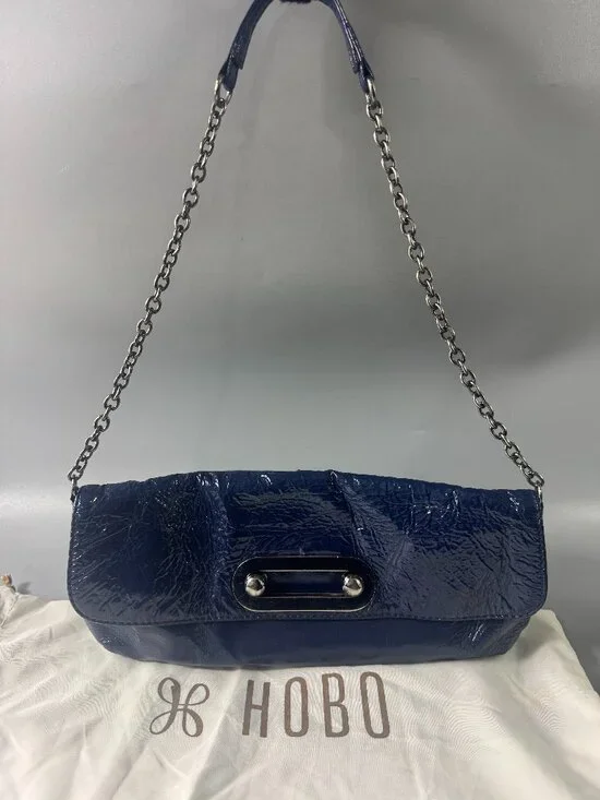 HOBO INTERNATIONAL Blue Patent Leather Envelope Hand Bag Purse Chain