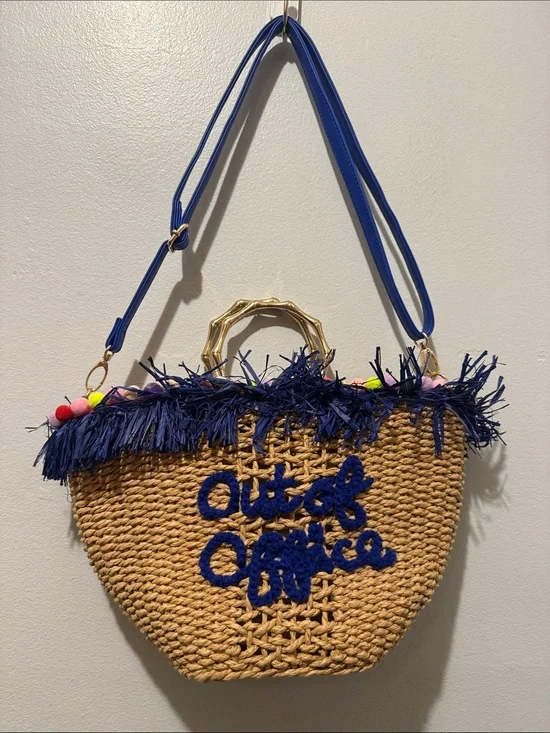 Out of Office Vacation Navy Trim Straw Shoulder Tote Gold Ring Handle