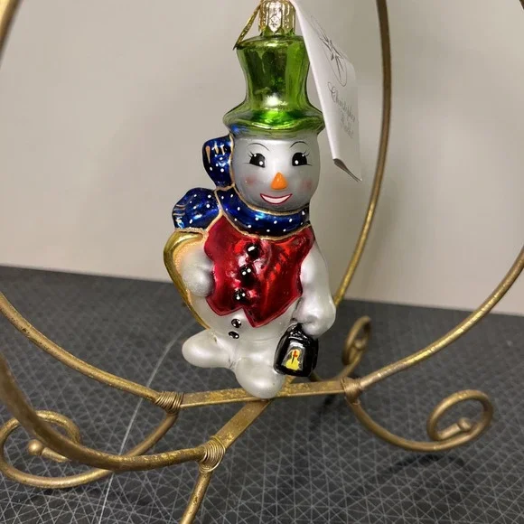 CHRISTOPHER RADKO Icenhowers Snowman Ornament Green Top Hat New, 4.75