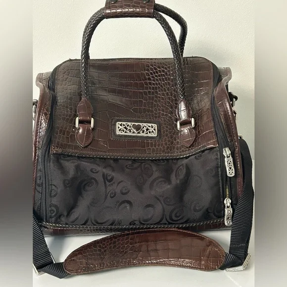 Brighton Lansky Brown Croc Embossed Leather Weekender Travel Duffle Bag