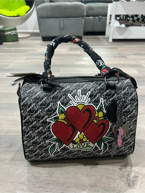 Ed Hardy Black & Red Love Hearts Top-Handle Shoulder Bag
