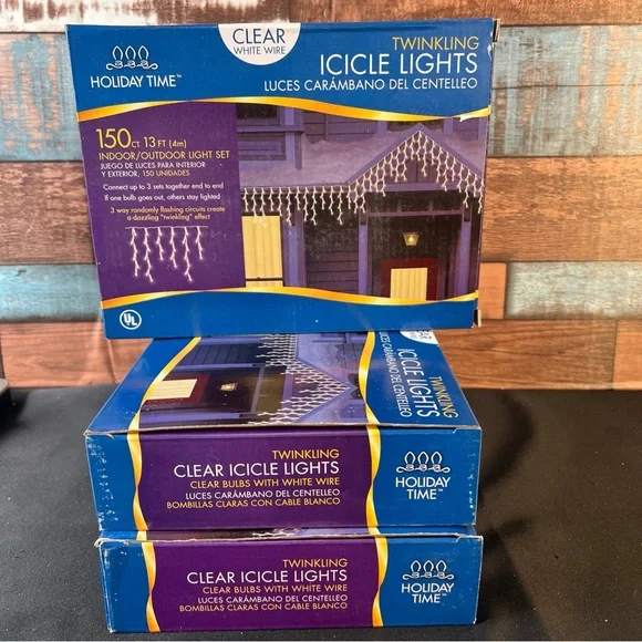 New- 3 boxes Holiday Time Clear Icicle Lights 150 ct each‎