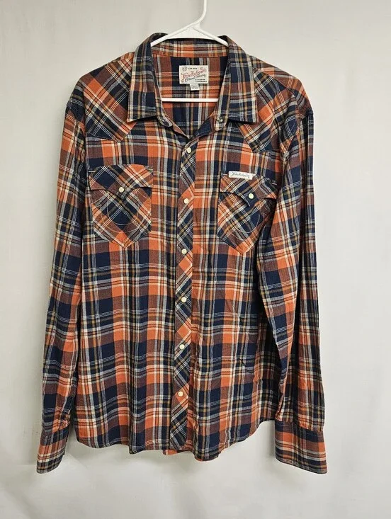 True Religion Long Sleeve Plaid Pearl Snap Western orange & navy blue plaid 3XL