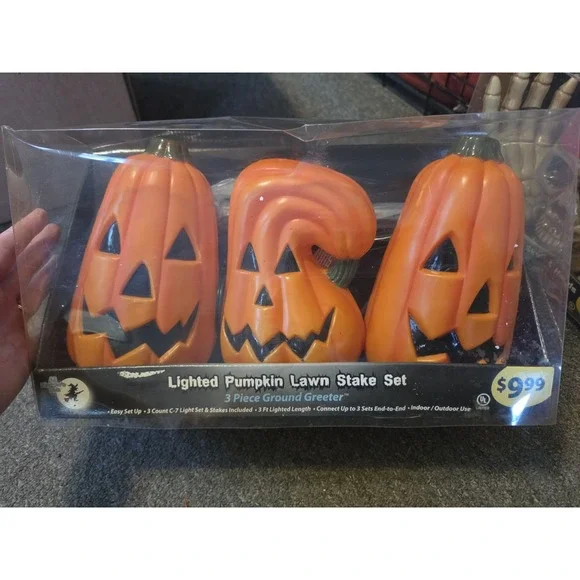 Nos Vtg PUMPKIN LIGHT-UP LAWN STAKE set Halloween Yard Decoration Outdoor Path