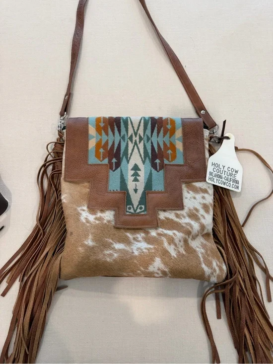 Holy Cow Couture Brown Leather & Cowhide Fringe Crossbody Bag with Aztec Accent