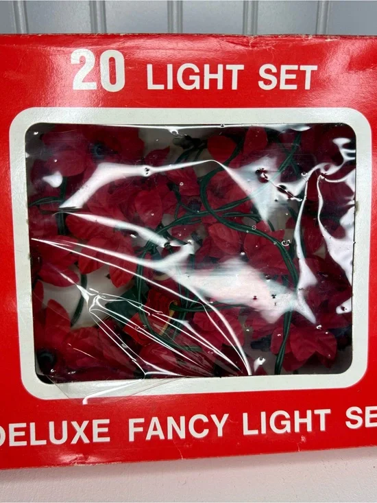 Vintage Deluxe Fancy 20-Light String Set Christmas Poinsettias Red - Works