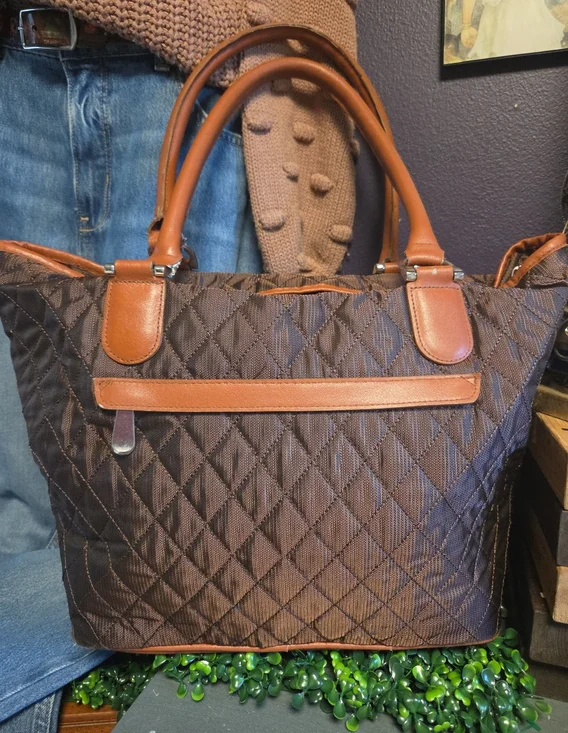 Quilted Shimmery Brown Tote with Tan Trim & Striped Interior
