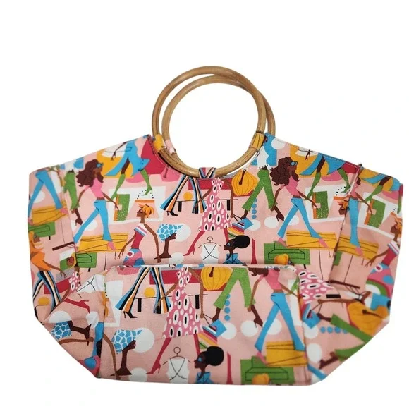 NEIMAN‎ MARCUS Tote Bag Womens Large Pink Canvas Bamboo Handle Cartoon People