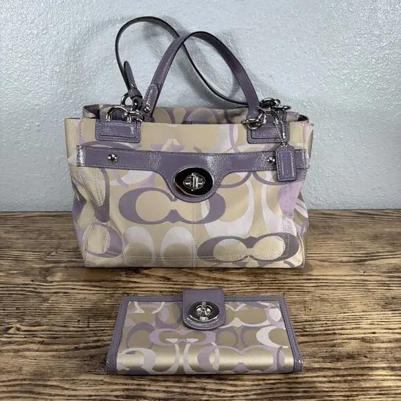 Coach OPTIC Signature C PENELOPE Shoulder Bag Purple & Wallet F17140 EUC