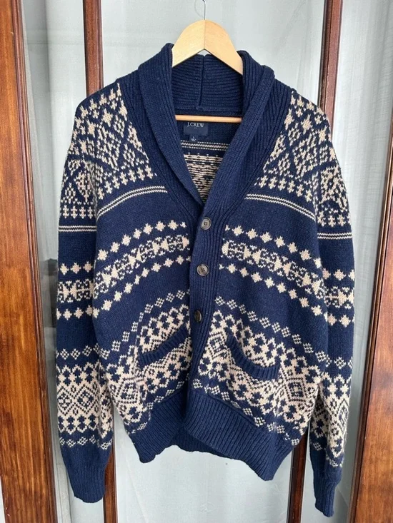 J. Crew Mens Shawl Collar Lambs Wool Blend Button Cardigan Sweater Size L Fisher