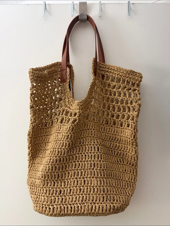 Banana Republic Woven Tan Straw Tote with Brown Leather Handles