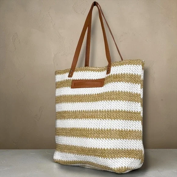 Jewell by Thirty-One Straw Tote Bag White Gold Metallic Striped Woven Beach Bag
