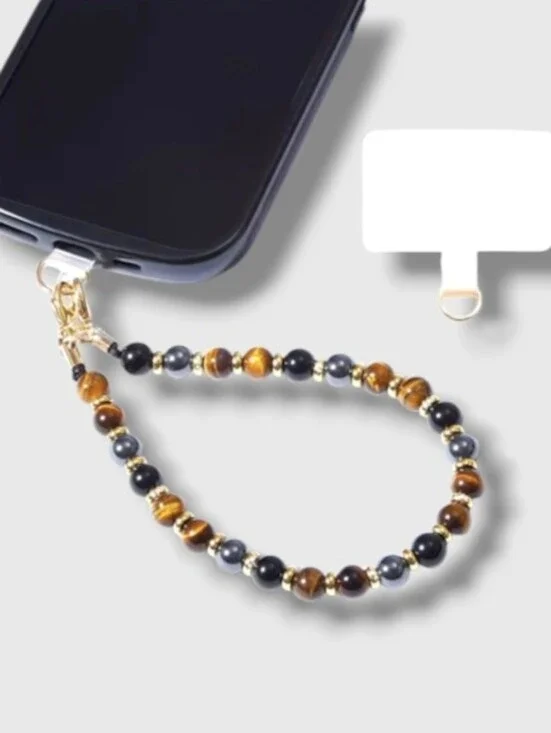 New! Real Tigers Eye & Obsidian Beaded Phone Wristlet Charm • NWOT #1085