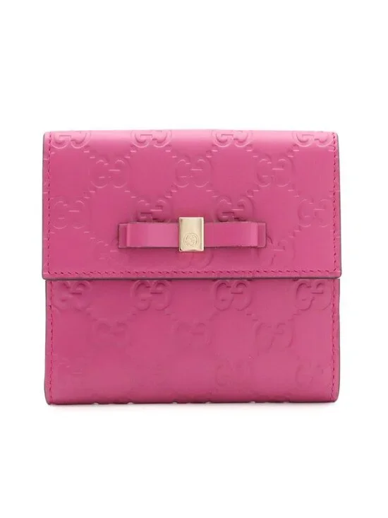 Gucci Bowy Bowie Ribbon Motif Guccissima Snap Wallet Double Leather Purple Pink