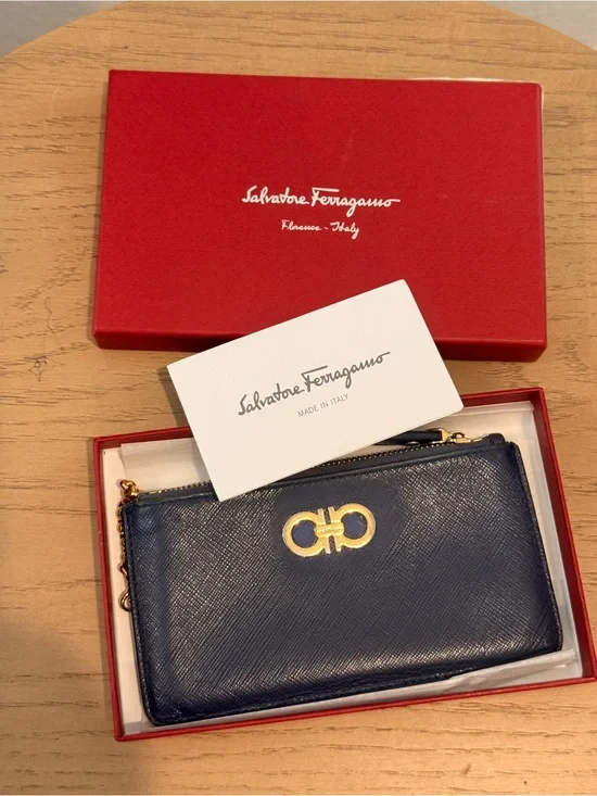 Salvatore Ferragamo Navy‎ Leather Zip Wallet with Gold Gancini Accent