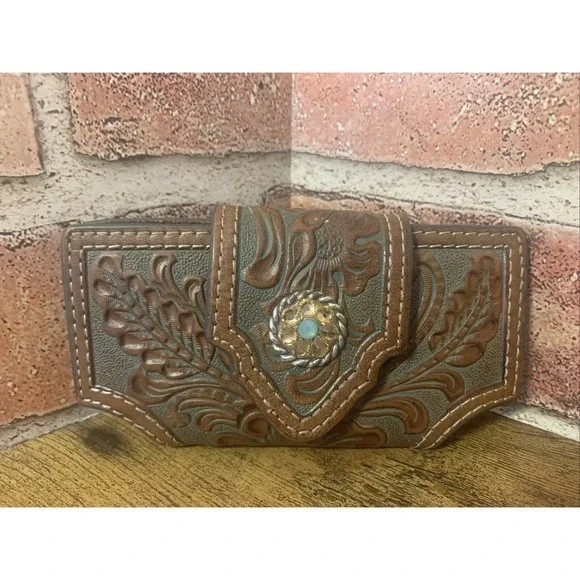Nocona Phone Holder Case Leather Round Concho Turquoise & Brown With Clip