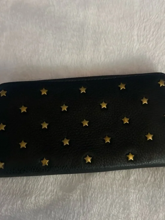 Black Star-Studded Leather Wallet - Gold Accents