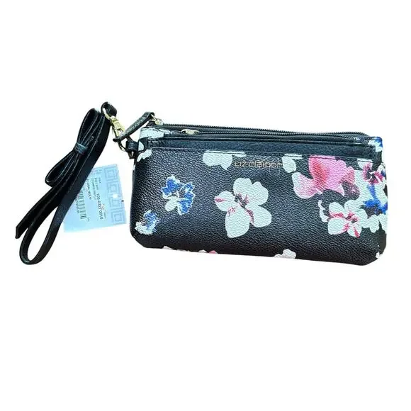 NEW Liz Claiborne wristlet wallet black & pink floral pull out ID cards pouch