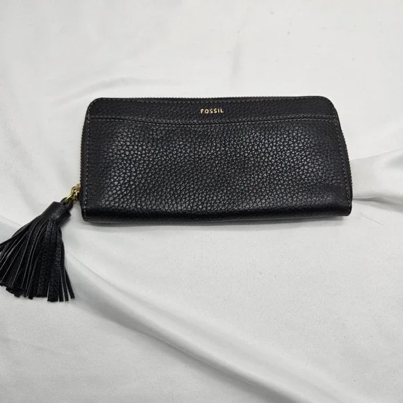 Fossil Black Leather Tassel Tara Wallet Zip Around‎ Cowhide Bag Purse