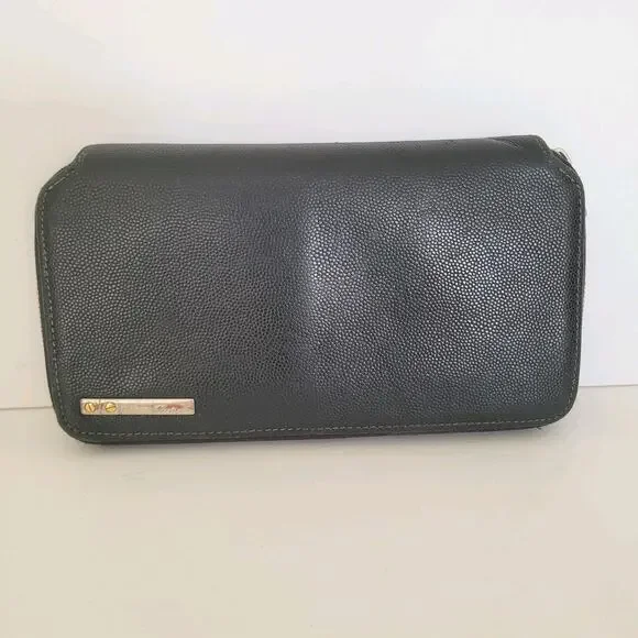 Cartier Santos Bifold Zip‎ Around Black Wallet Long Grain Leather Large Designer