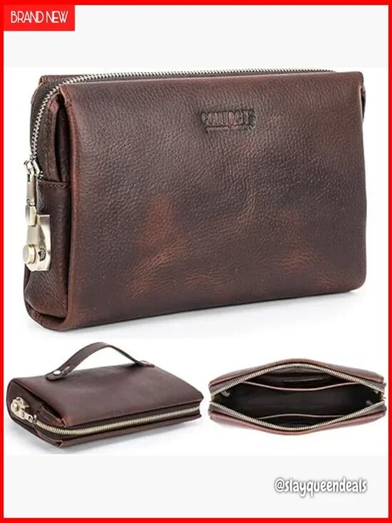 Vintage Leather Clutch Wallet with RFID Lock Retractable Strap Multi-Pocket