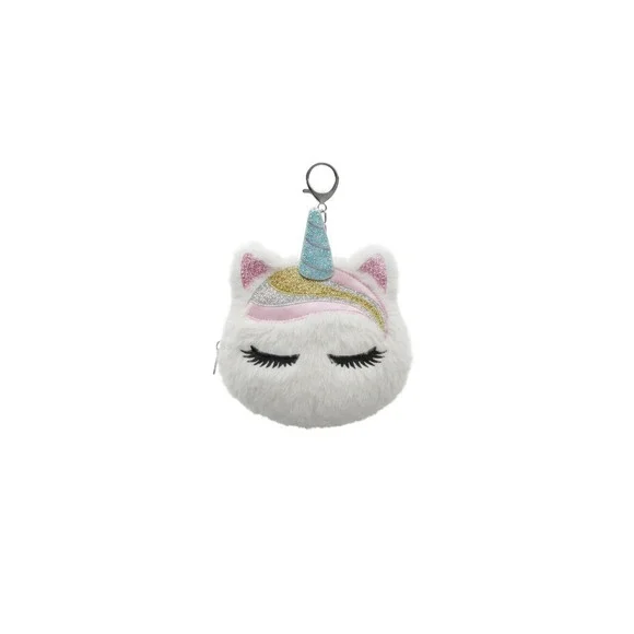 Claire's Unicorn Coin Purse Girls OS White NWT Plush Faux Fur Glitter Keychain