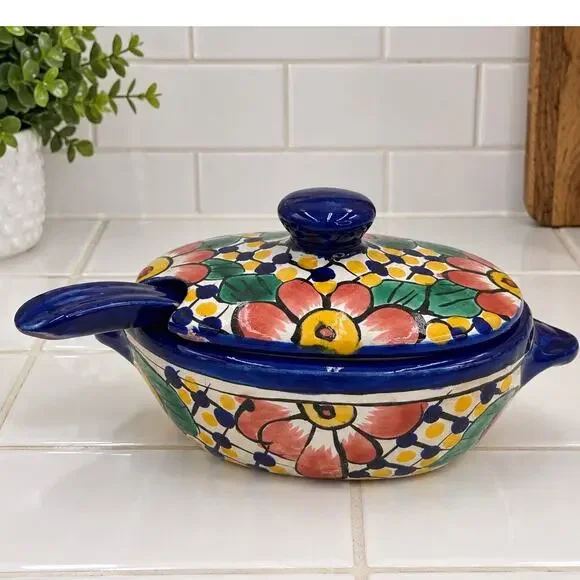 Talavera Mexican Folk Art Pottery Dish with Ladel