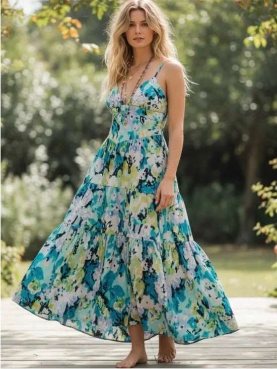 Free People Teal Green Floral Tiered Maxi Dress