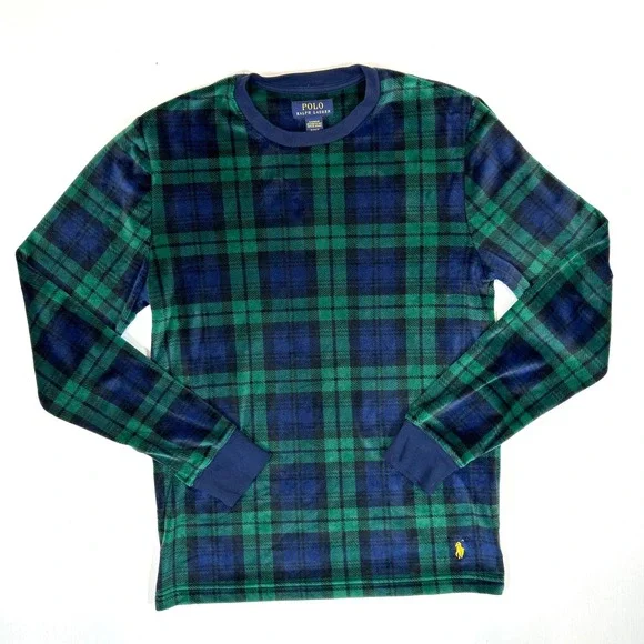 Polo Ralph Lauren Mens Small Black Watch Plaid Fleece Sleepwear Top Green Blue