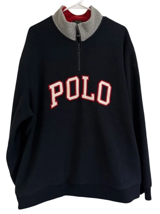 Polo Ralph Lauren Vintage Y2K Fleece Quarter Zip Pullover Navy USA Flag XXL 2XL