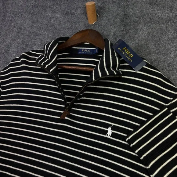 Polo Ralph Lauren Quarter Zip Mens L Black White Striped Pony Logo Pullover NEW