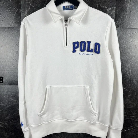 Polo Ralph Lauren Men's White Spell Logo Fleece Quarter Sweatshirt Small