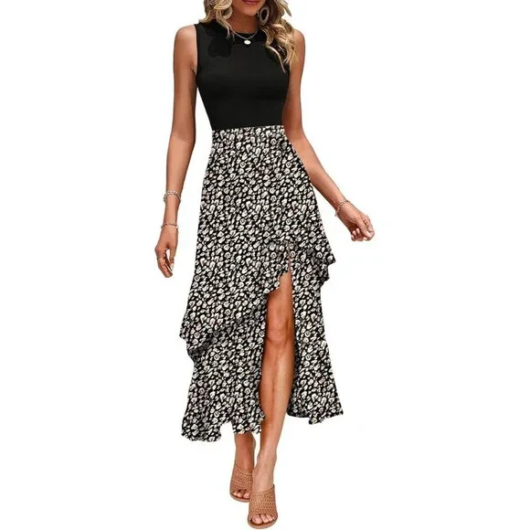 Women's Viscose Elastane Sleeveless Boho Floral Casual Fall Summer Dress