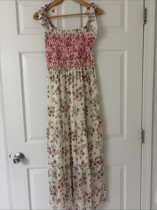 LC Lauren Conrad Cream Maxi Dress with Pink and Red Floral