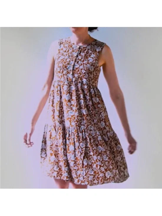 dip Sleeveless Floral Tiered Dress in Brown and White