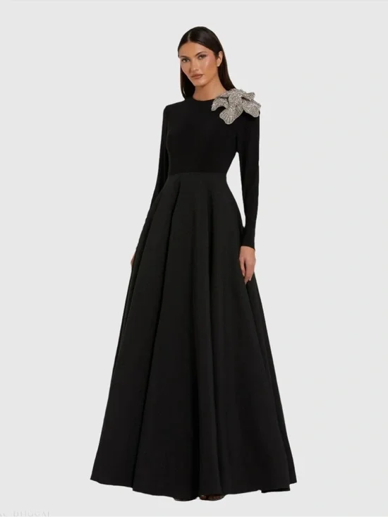 MAC DUGGAL Black Long Sleeve Ball Gown Taffeta with 3D Rhinestone Flower