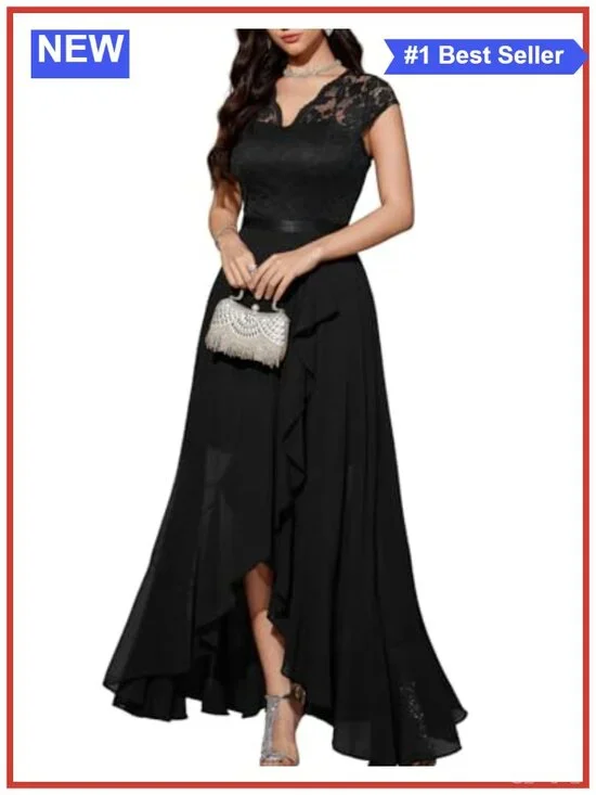 Women's V-Neck Lace Chiffon Hi-Lo Dress Wedding Guest Cocktail Formal Bridesmaid