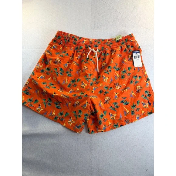 Polo Ralph Lauren Mens Orange Tropical Hula Sailboat Swim Trunks 1XB NWT
