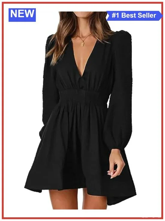 Women's Mini Deep V Long Sleeve Dress A-Line High Waisted Flowy Casual Cocktail