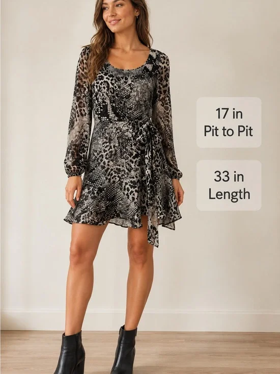 Express Women’s Mixed Animal Print Long Sleeve Tie-Waist Mini Dress satin