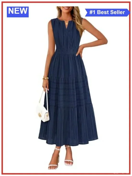 Sleeveless V Neck Tiered Midi Dress Cotton Blend Flowy Side Pockets